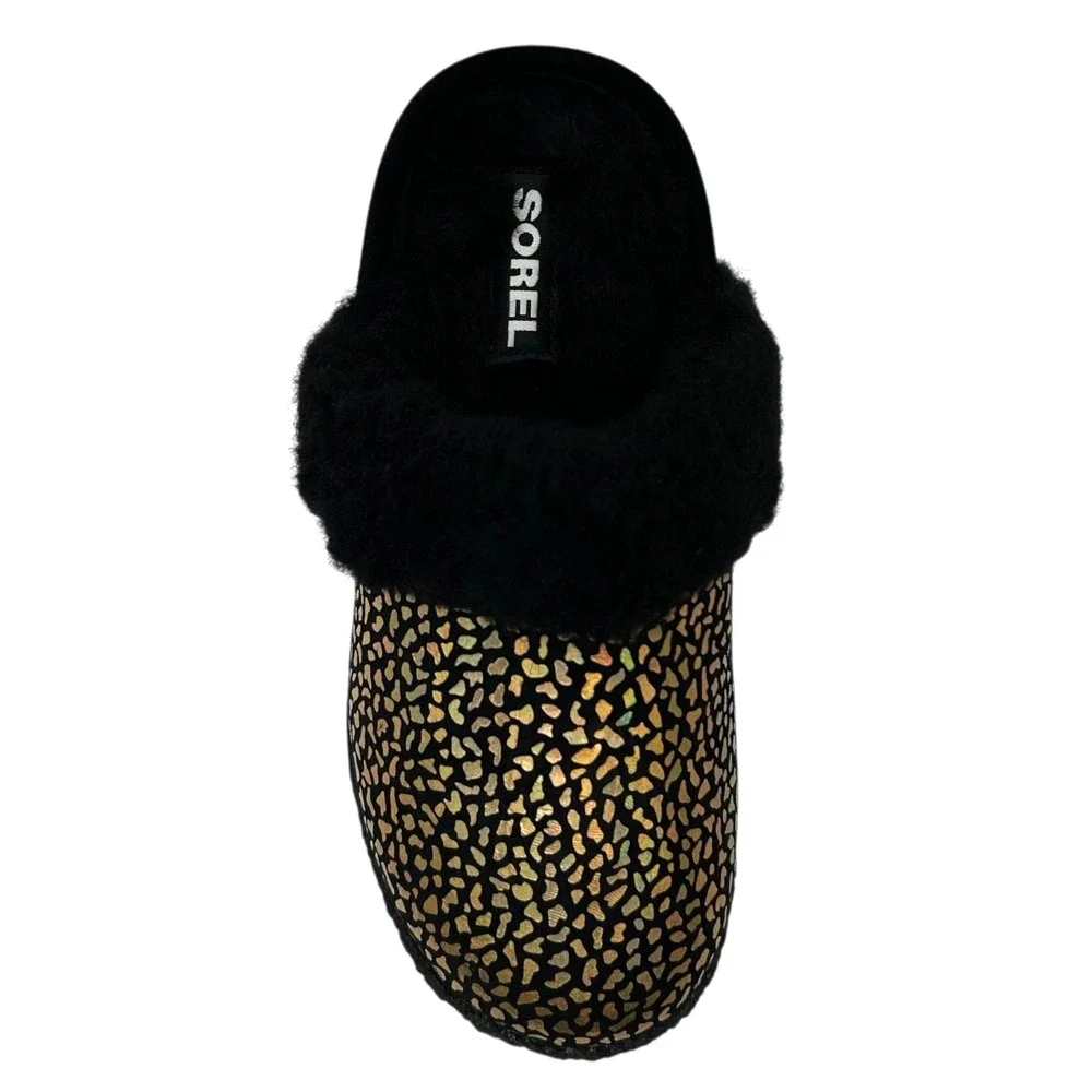 SOREL Nakiska Youth‎ Girls Faux Fur Slippers Size 1 Black Gold Animal Print Warm
